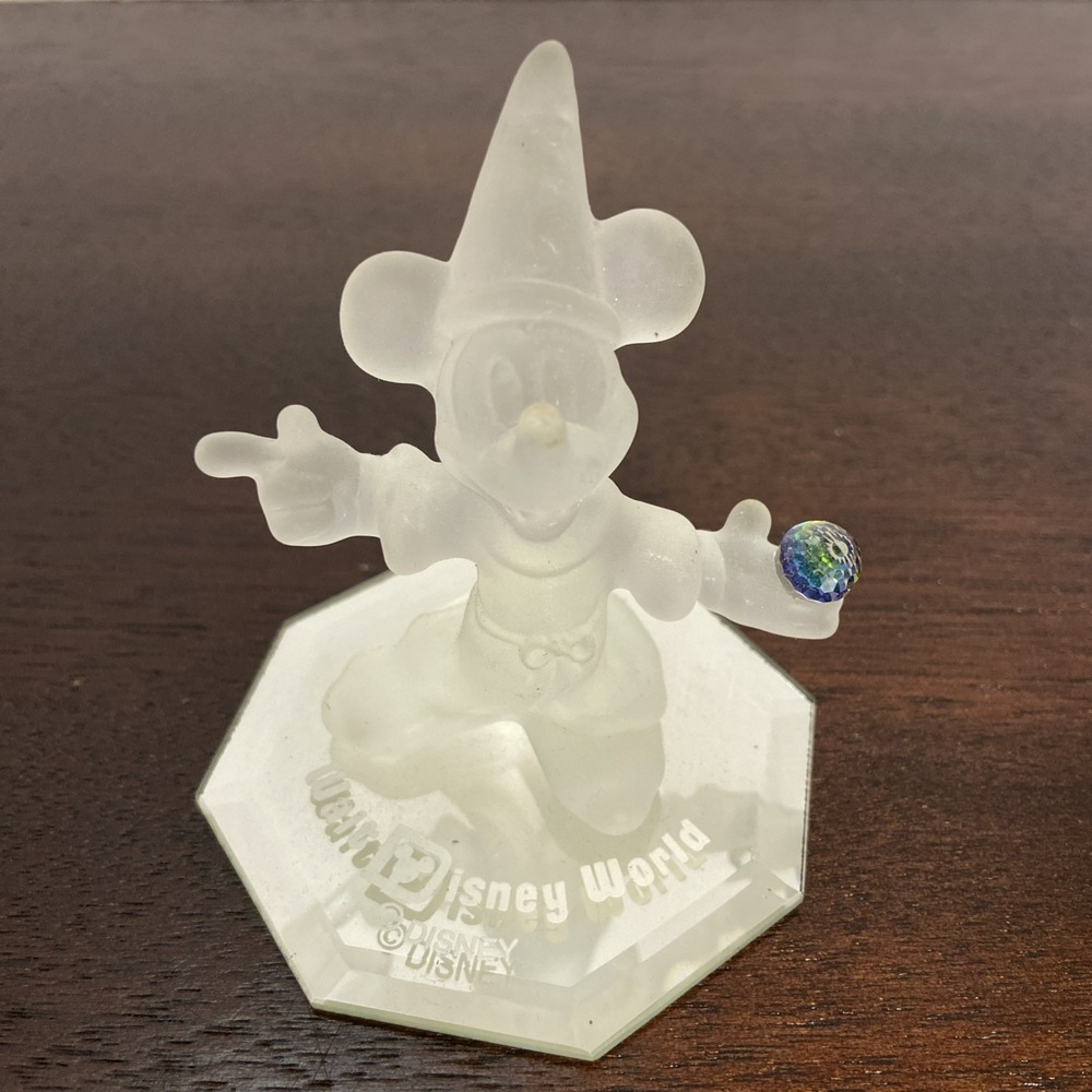 Disney World Frosted Mickey Mouse Fantasia Crystal Ball Figurine On Mirror Base